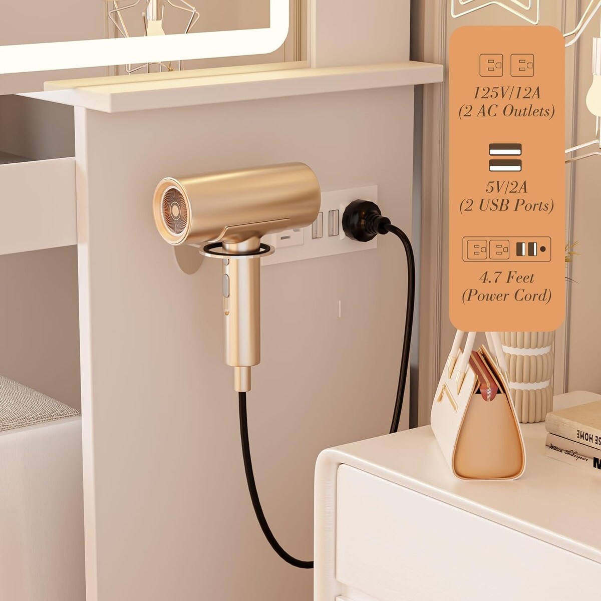 XINMICS Makeup Vanity Desk with Mirror and Lights & Charging Station