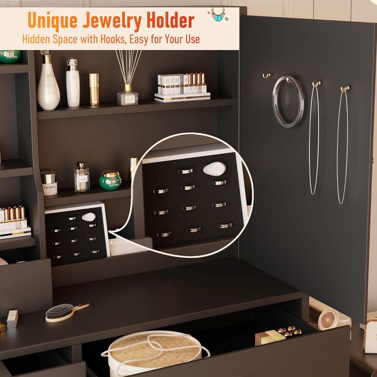 XINMICS Makeup Vanity Desk with Mirror and Lights & Charging Station