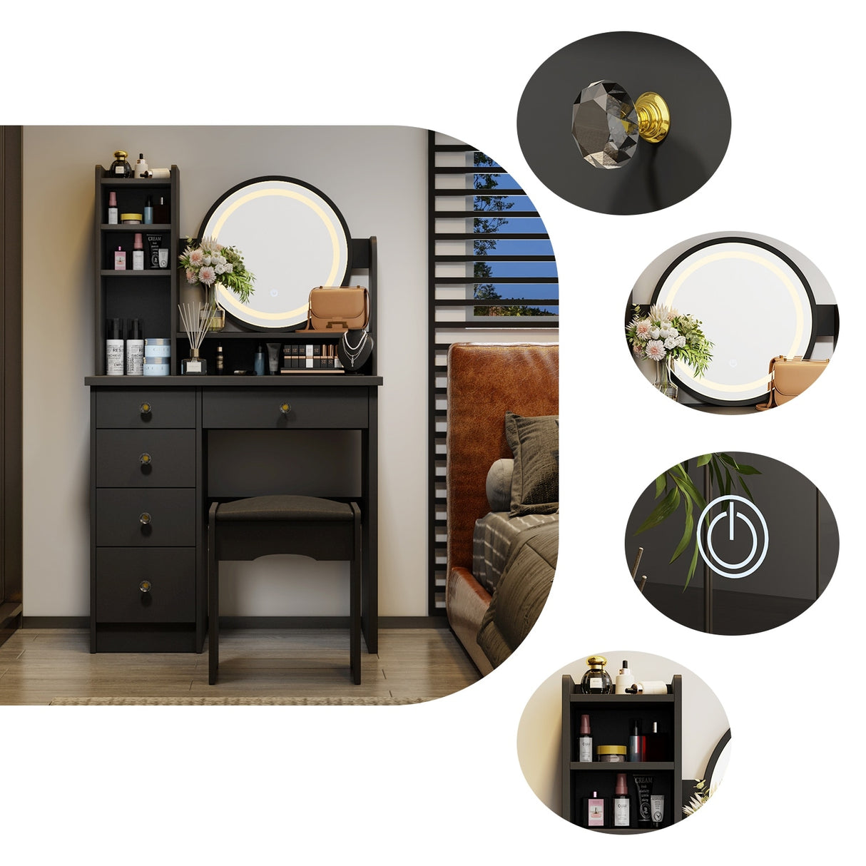 Makeup Vanity Dressing Table Set With Touch Screen Mirror & Stool