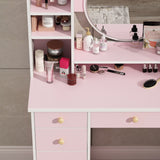 Makeup Vanity Set Dresser w/Mirror Stool 5 Drawers - White/Pink/Black - 31.5"L x 15.7"W x 52"H