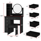 Makeup Vanity Set Dresser w/Mirror Stool 5 Drawers - White/Pink/Black - 31.5"L x 15.7"W x 52"H