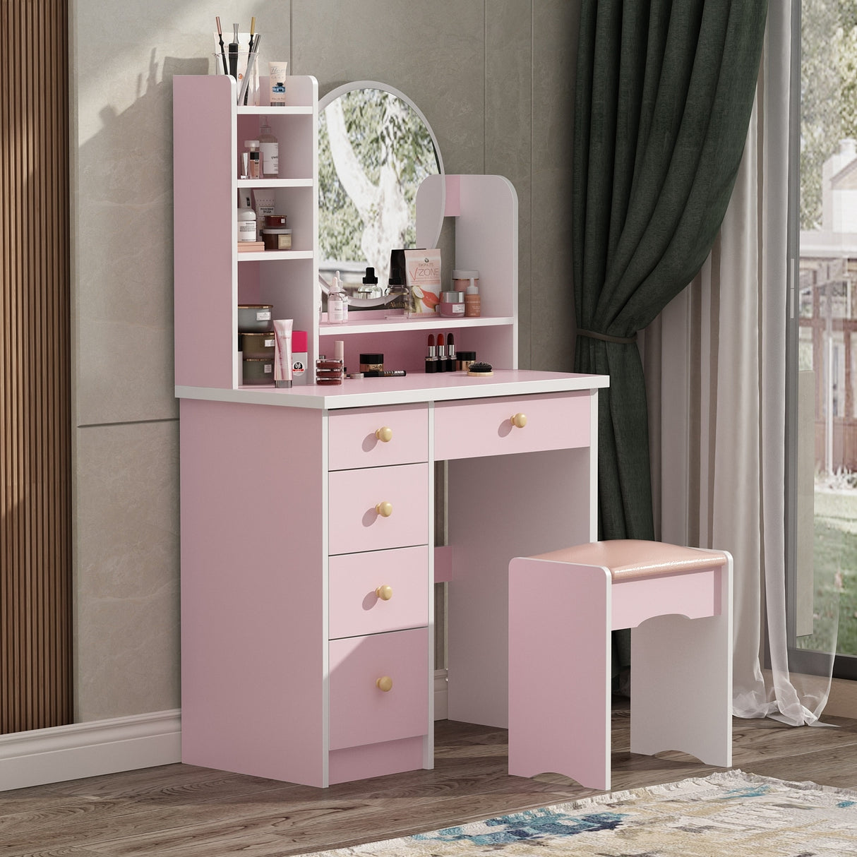 Makeup Vanity Set Dresser w/Mirror Stool 5 Drawers - White/Pink/Black - 31.5"L x 15.7"W x 52"H