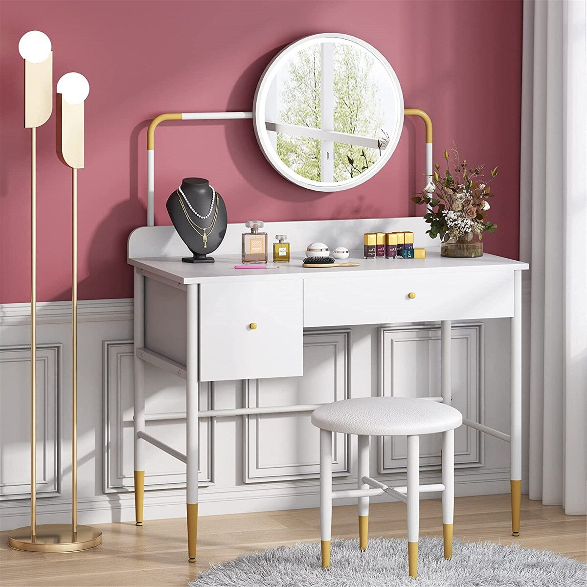 Makeup Vanity Set with Lighted Mirror & Cushioned Stool