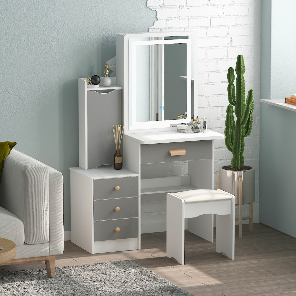 Makeup Vanity Set with Mirror and lights and stool