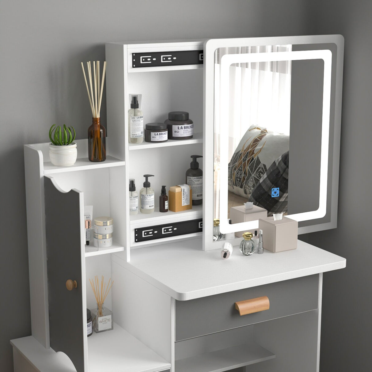 Makeup Vanity Set with Mirror and lights and stool