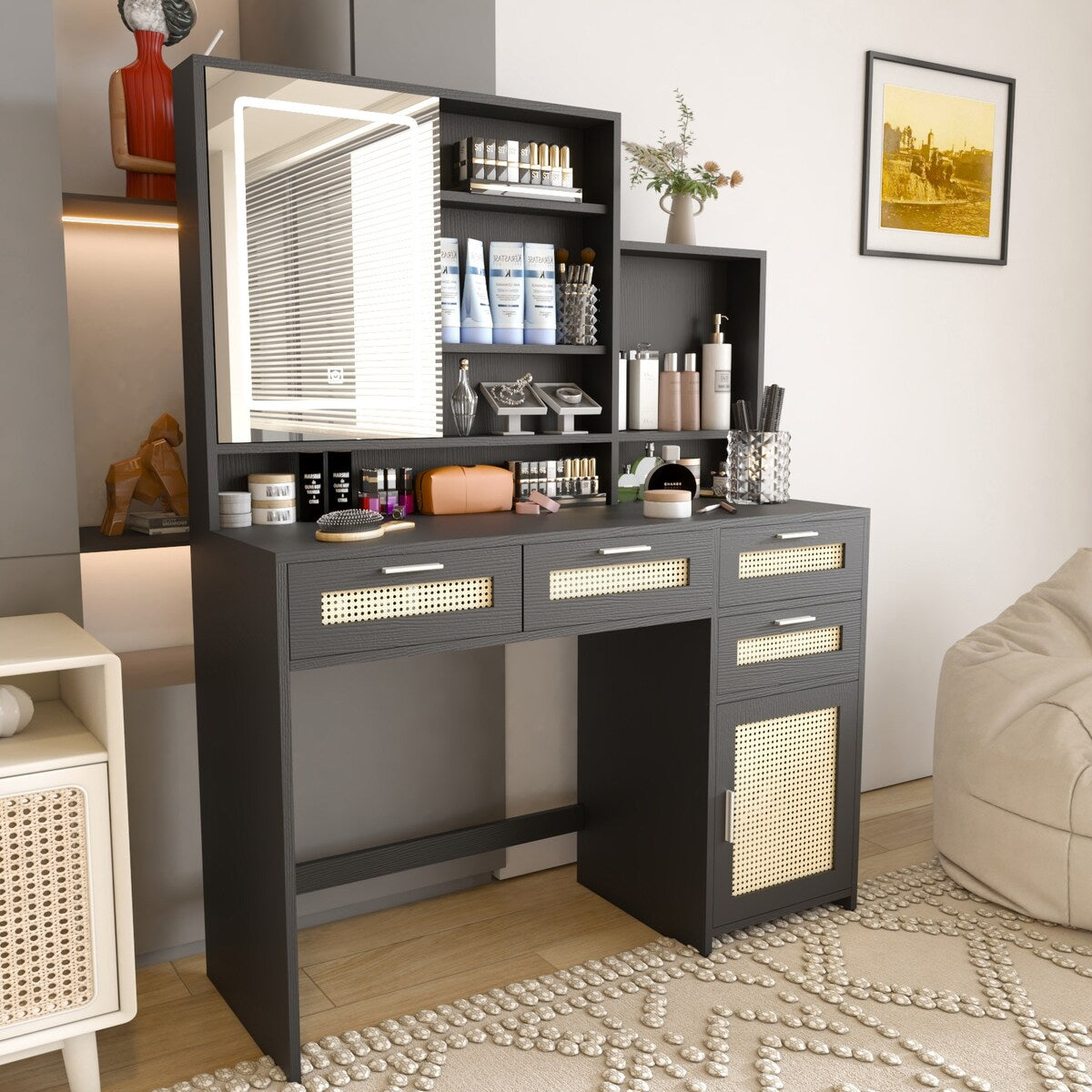 Makeup Vanity with Lights in 3 Colors & Openable Mirror,Vanity Desk with 4 Drawers 1 Cabinets Shelves,Vanity Dresser