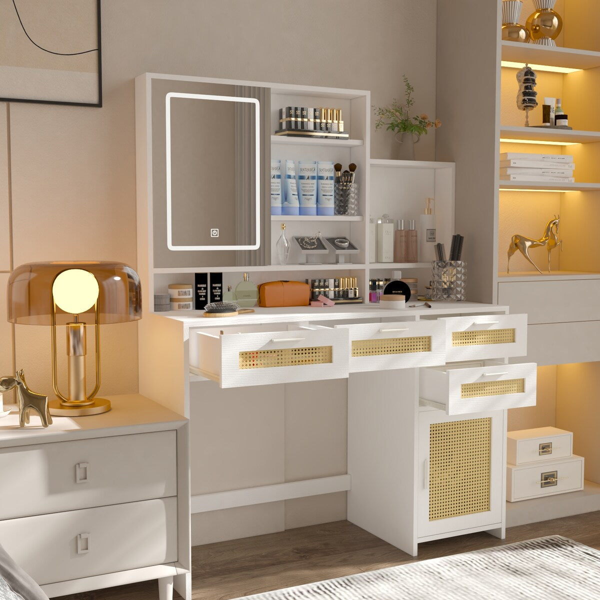 Makeup Vanity with Lights in 3 Colors & Openable Mirror,Vanity Desk with 4 Drawers 1 Cabinets Shelves,Vanity Dresser
