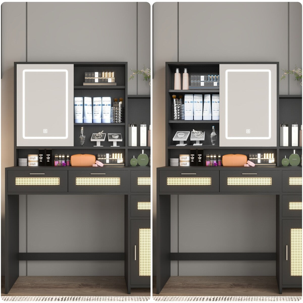 Makeup Vanity with Lights in 3 Colors & Openable Mirror,Vanity Desk with 4 Drawers 1 Cabinets Shelves,Vanity Dresser