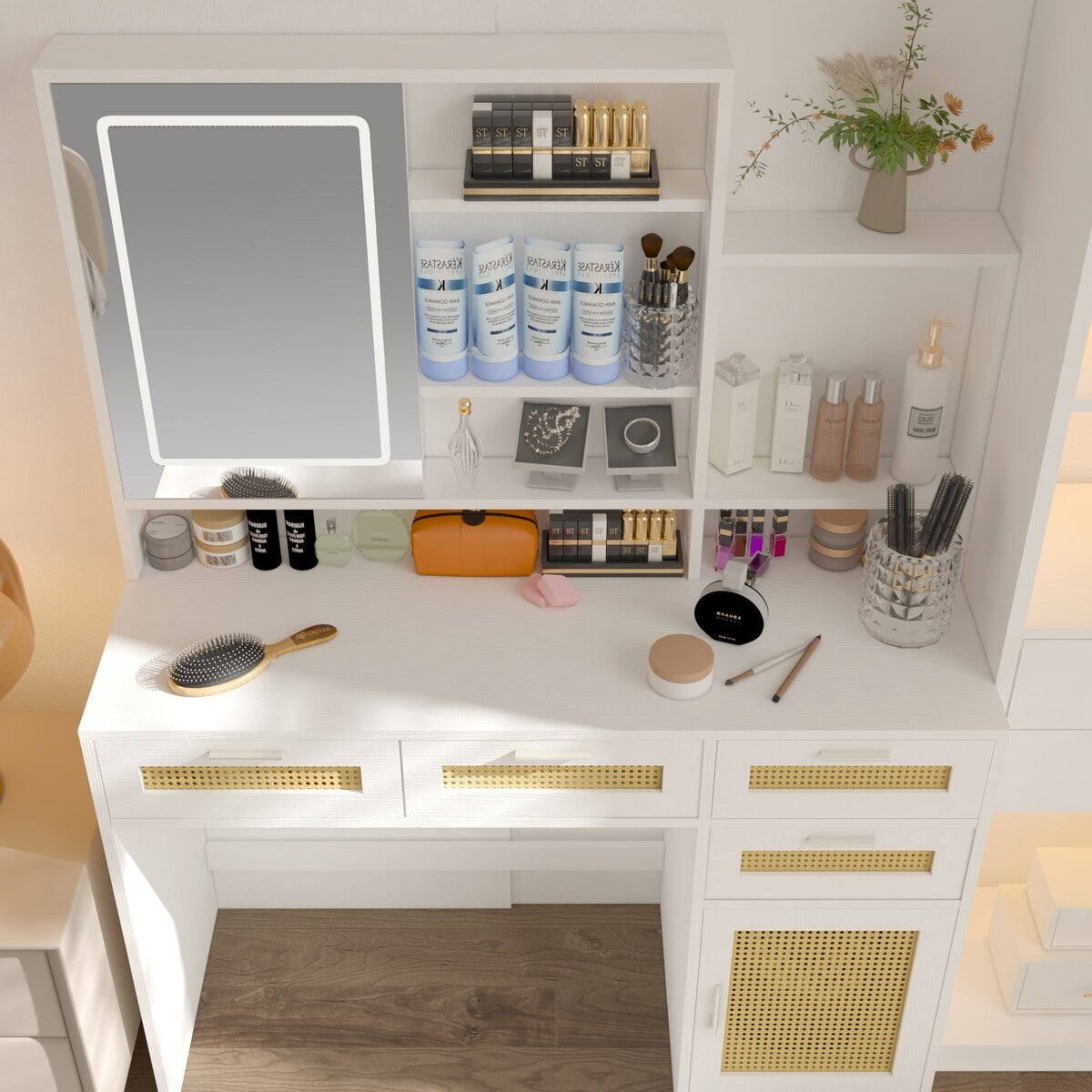 Makeup Vanity with Lights in 3 Colors & Openable Mirror,Vanity Desk with 4 Drawers 1 Cabinets Shelves,Vanity Dresser