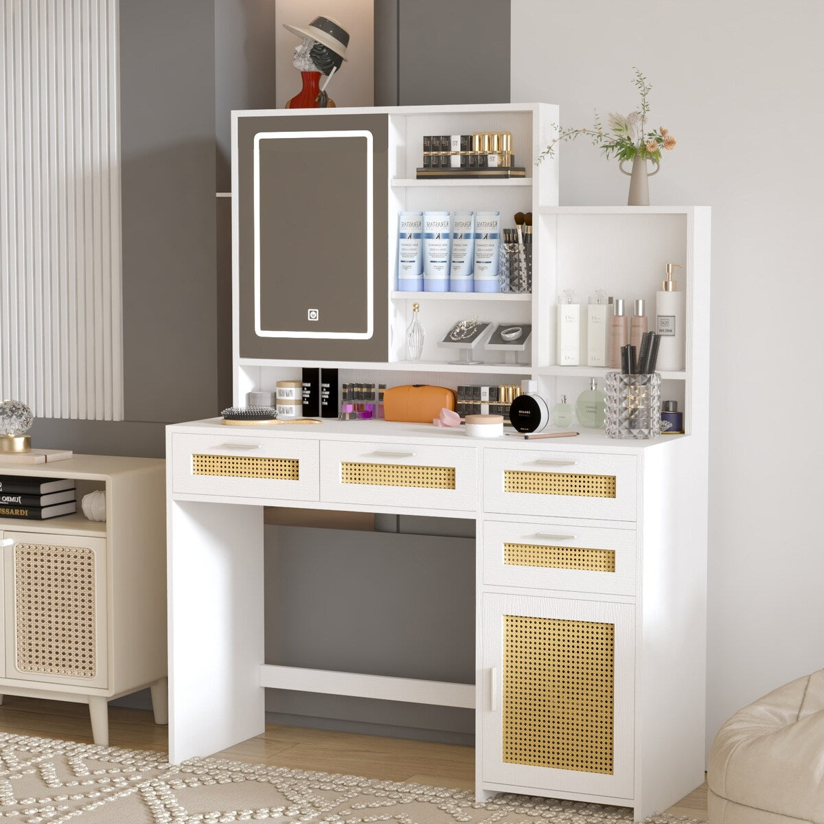 Makeup Vanity with Lights in 3 Colors & Openable Mirror,Vanity Desk with 4 Drawers 1 Cabinets Shelves,Vanity Dresser
