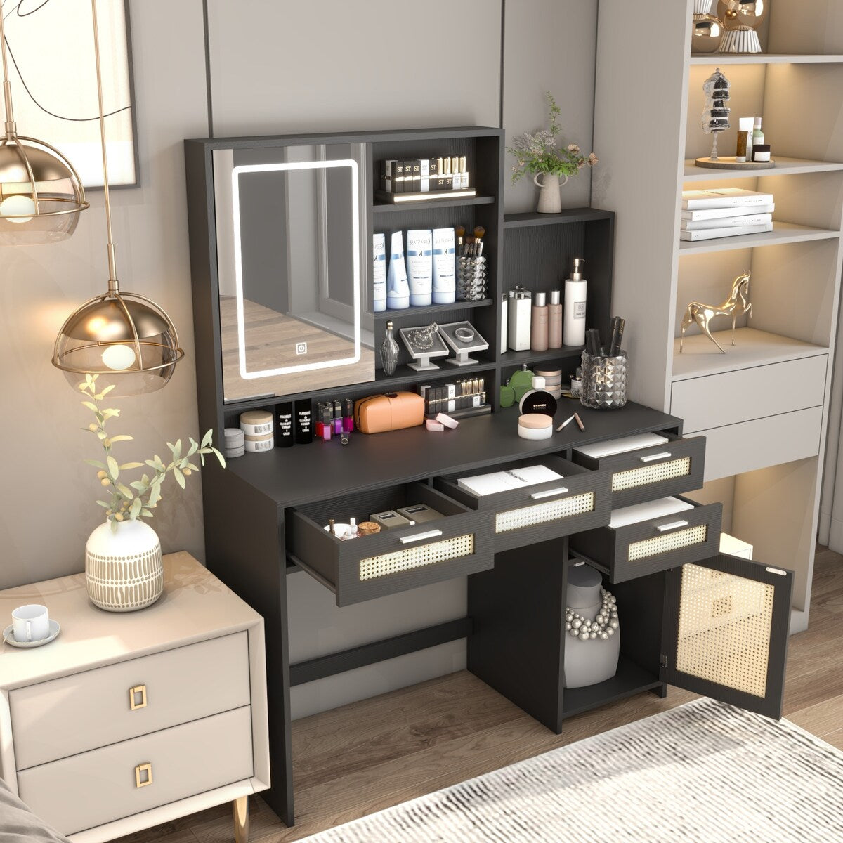 Makeup Vanity with Lights in 3 Colors & Openable Mirror,Vanity Desk with 4 Drawers 1 Cabinets Shelves,Vanity Dresser