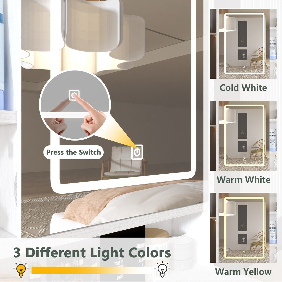 Makeup Vanity with Lights in 3 Colors & Openable Mirror,Vanity Desk with 4 Drawers 1 Cabinets Shelves,Vanity Dresser