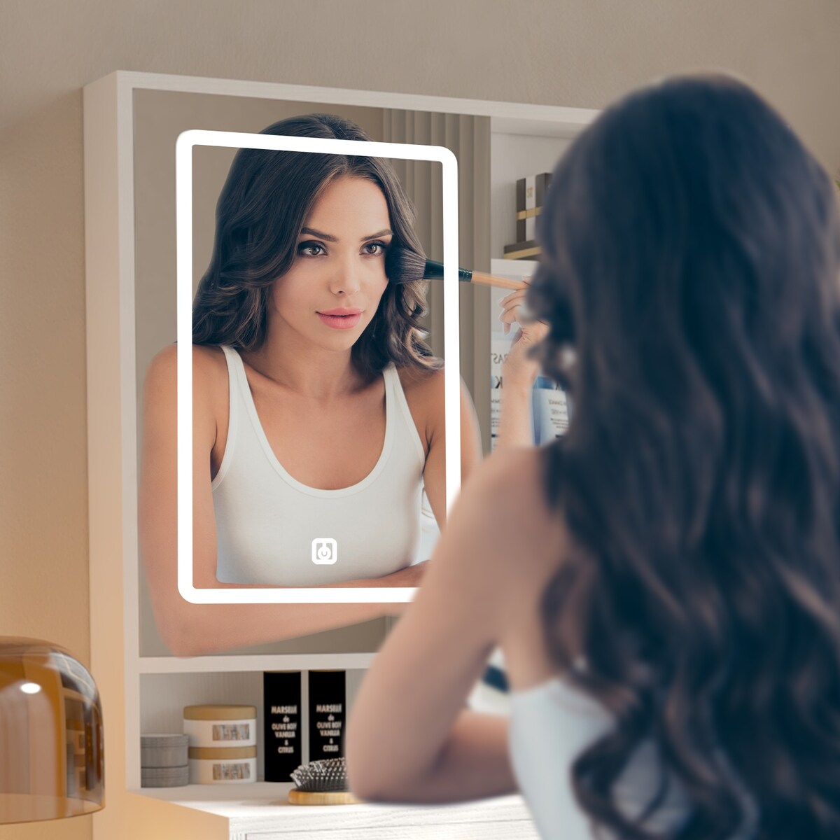 Makeup Vanity with Lights in 3 Colors & Openable Mirror,Vanity Desk with 4 Drawers 1 Cabinets Shelves,Vanity Dresser