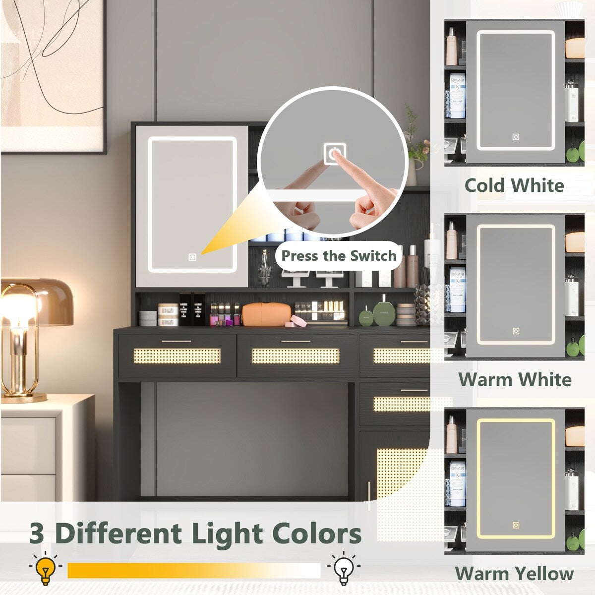 Makeup Vanity with Lights in 3 Colors & Openable Mirror,Vanity Desk with 4 Drawers 1 Cabinets Shelves,Vanity Dresser