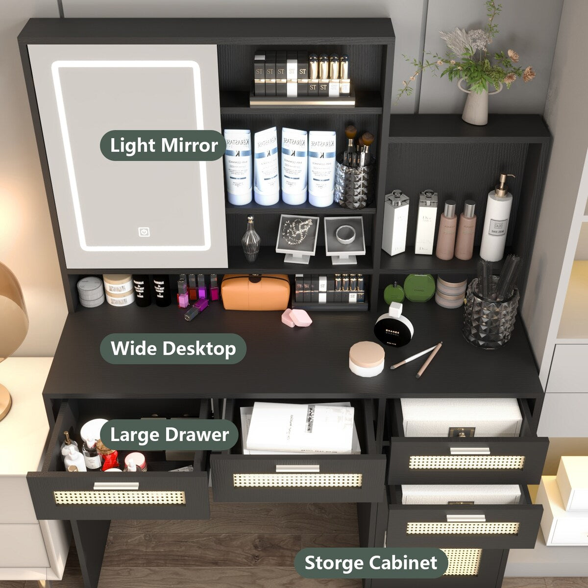 Makeup Vanity with Lights in 3 Colors and Openable Mirror