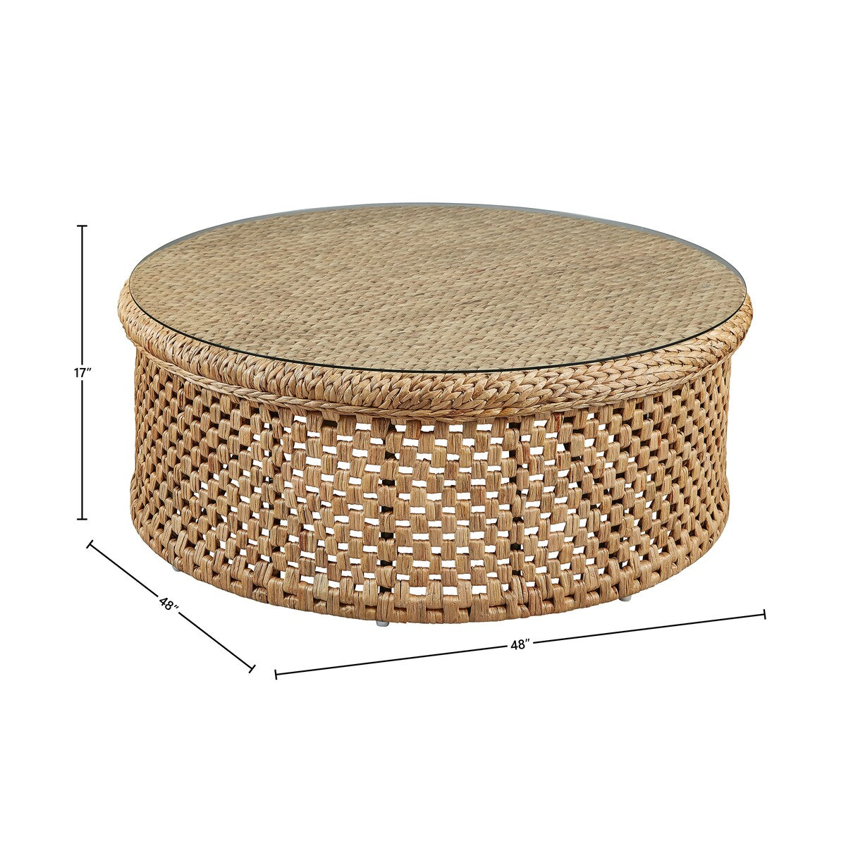 Bali Rattan Weave and Glass Cocktail or Coffee Table - 48-inch diameter
