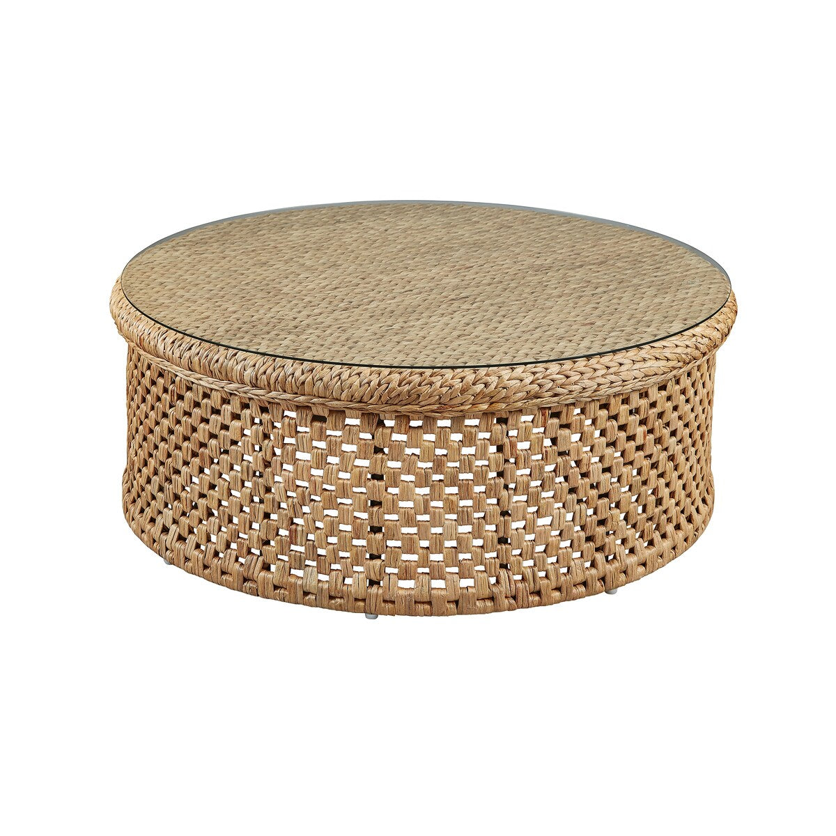 Bali Rattan Weave and Glass Cocktail or Coffee Table - 48-inch diameter