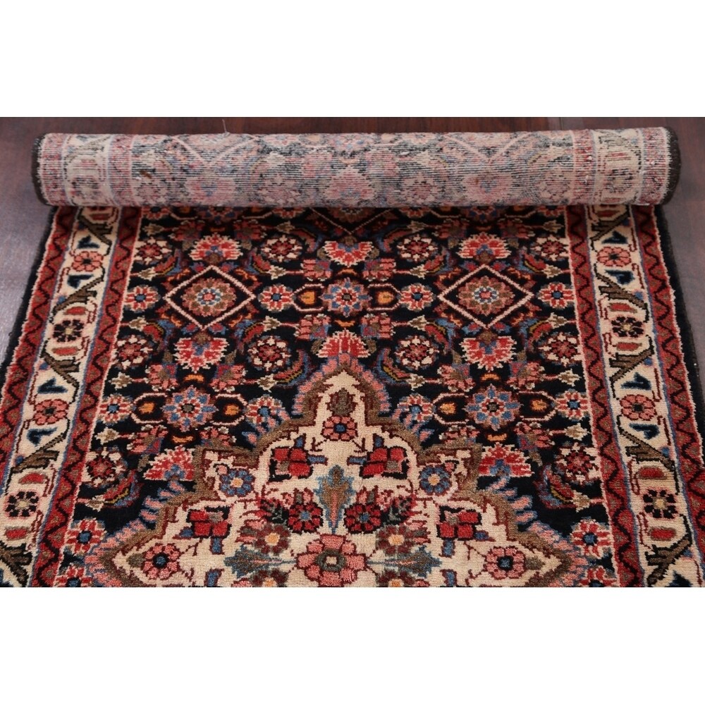 Malayer Hamedan Handmade Vintage Traditional Persian Wool Rug - 13'7" x 3'6" runner