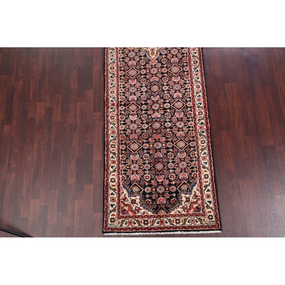 Malayer Hamedan Handmade Vintage Traditional Persian Wool Rug - 13'7" x 3'6" runner