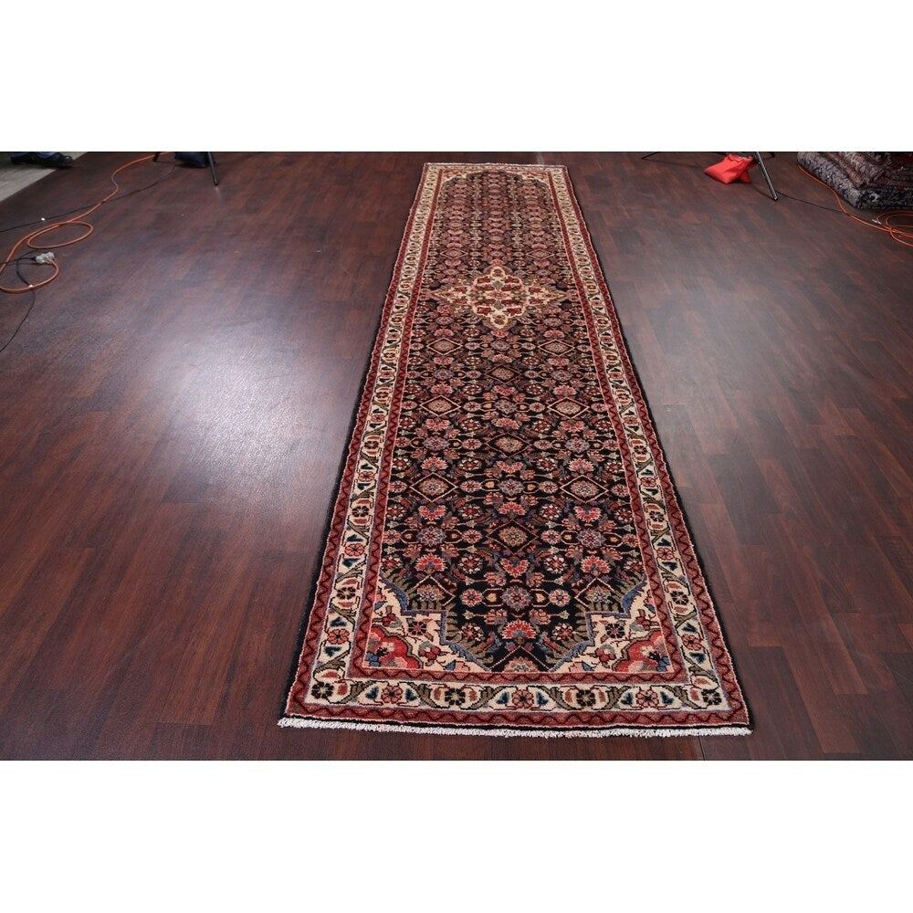 Malayer Hamedan Handmade Vintage Traditional Persian Wool Rug - 13'7" x 3'6" runner