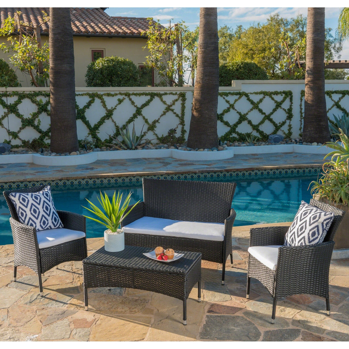 Malta Outdoor 4-piece Wicker Chat Set with Cushions by Christopher Knight Home