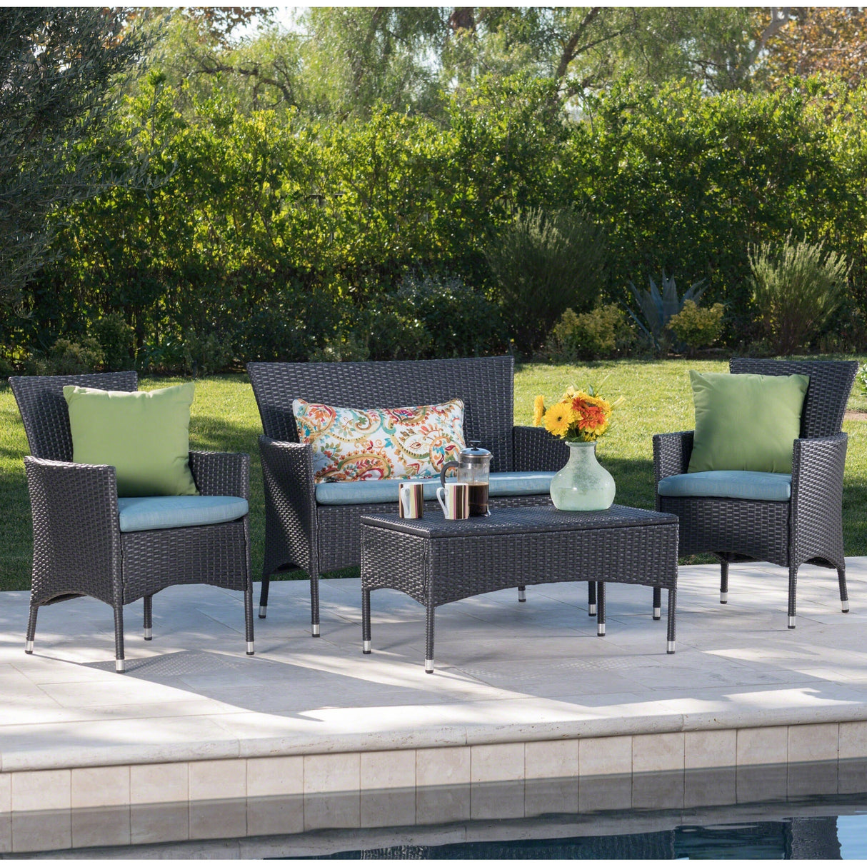 Malta Outdoor 4-piece Wicker Chat Set with Cushions by Christopher Knight Home