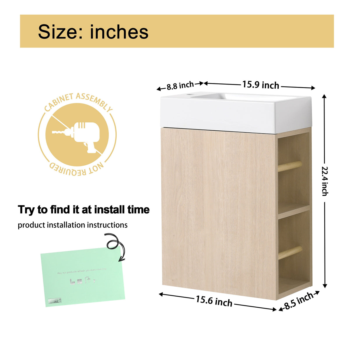 Malwee 16" Floating Bathroom Vanity, Wall Mounted Bathroom Vanity with Resin Sink,Soft Close Door and Side Shelf