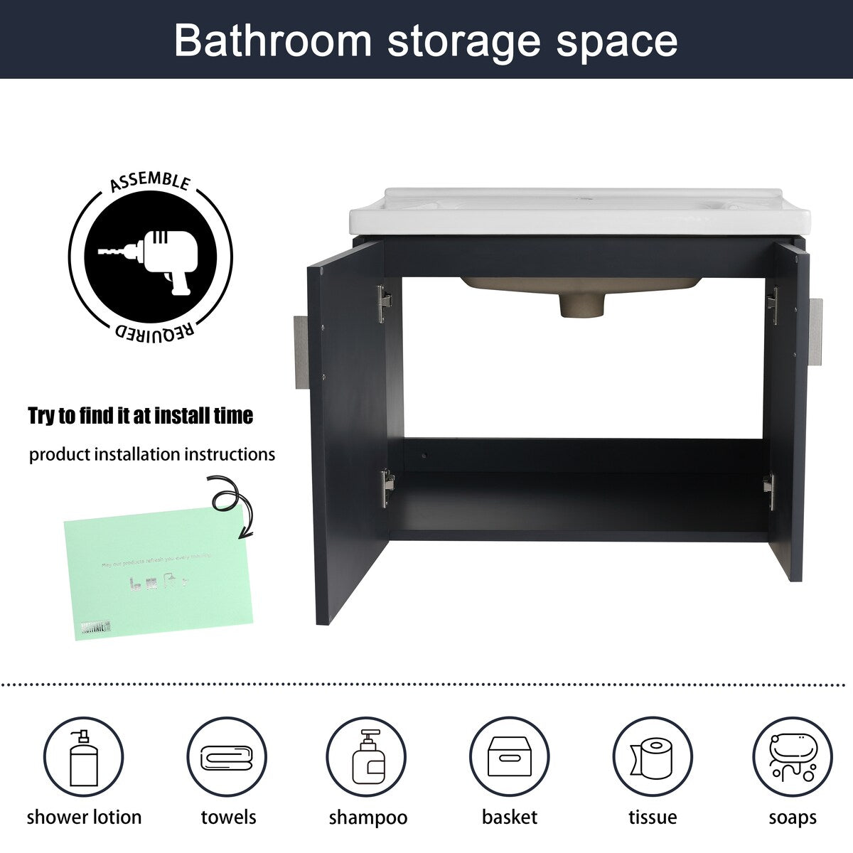 Malwee 24"/28" Floating Bathroom Vanity, Wall Mounted Bathroom Vanity with Ceramic Sink and Soft Close Door