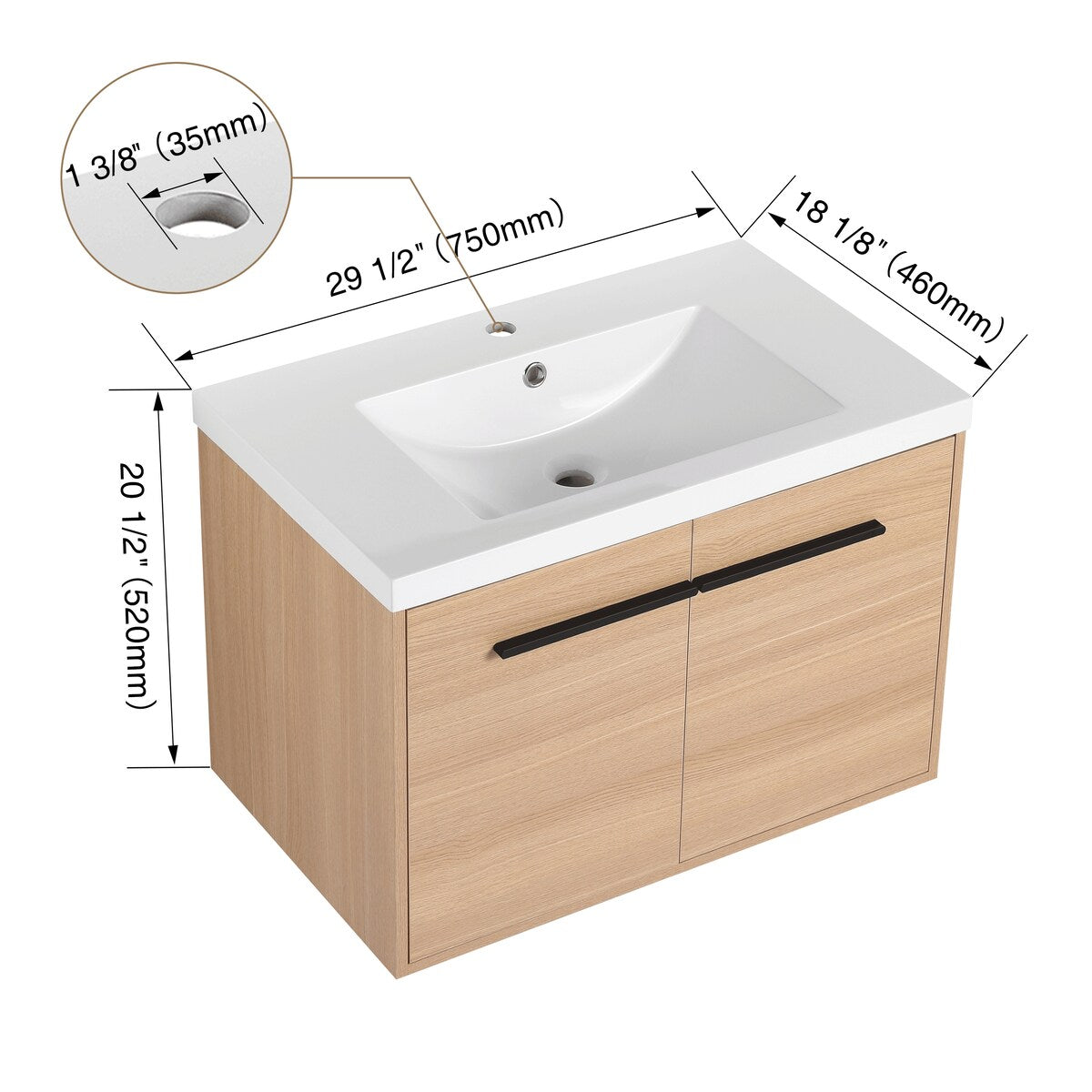 Malwee 24"/30"/36" Floating Bathroom Vanity, Wall Mounted Bathroom Vanity with Resin Sink,Soft Close Doors