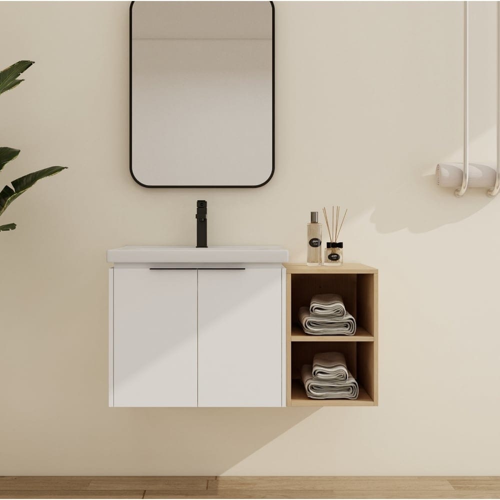 Malwee 24"/36"/48"/60" Floating Bathroom Vanity, Wall Mounted Bathroom Vanity with Ceramic Sink,Soft Close Door and Shelf