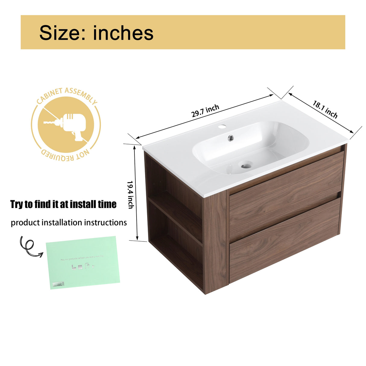 Malwee 30"/36" Floating Bathroom Vanity, Wall Mounted Bathroom Vanity with Sink,Soft Close Drawers and Side Adjustable Shelf