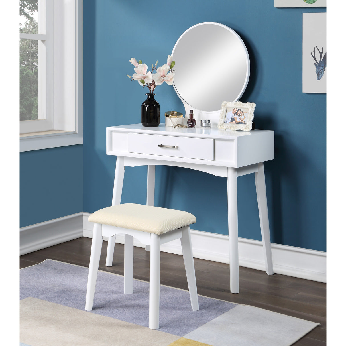 Roundhill Furniture Maly Contemporary Wood Vanity and Stool Set