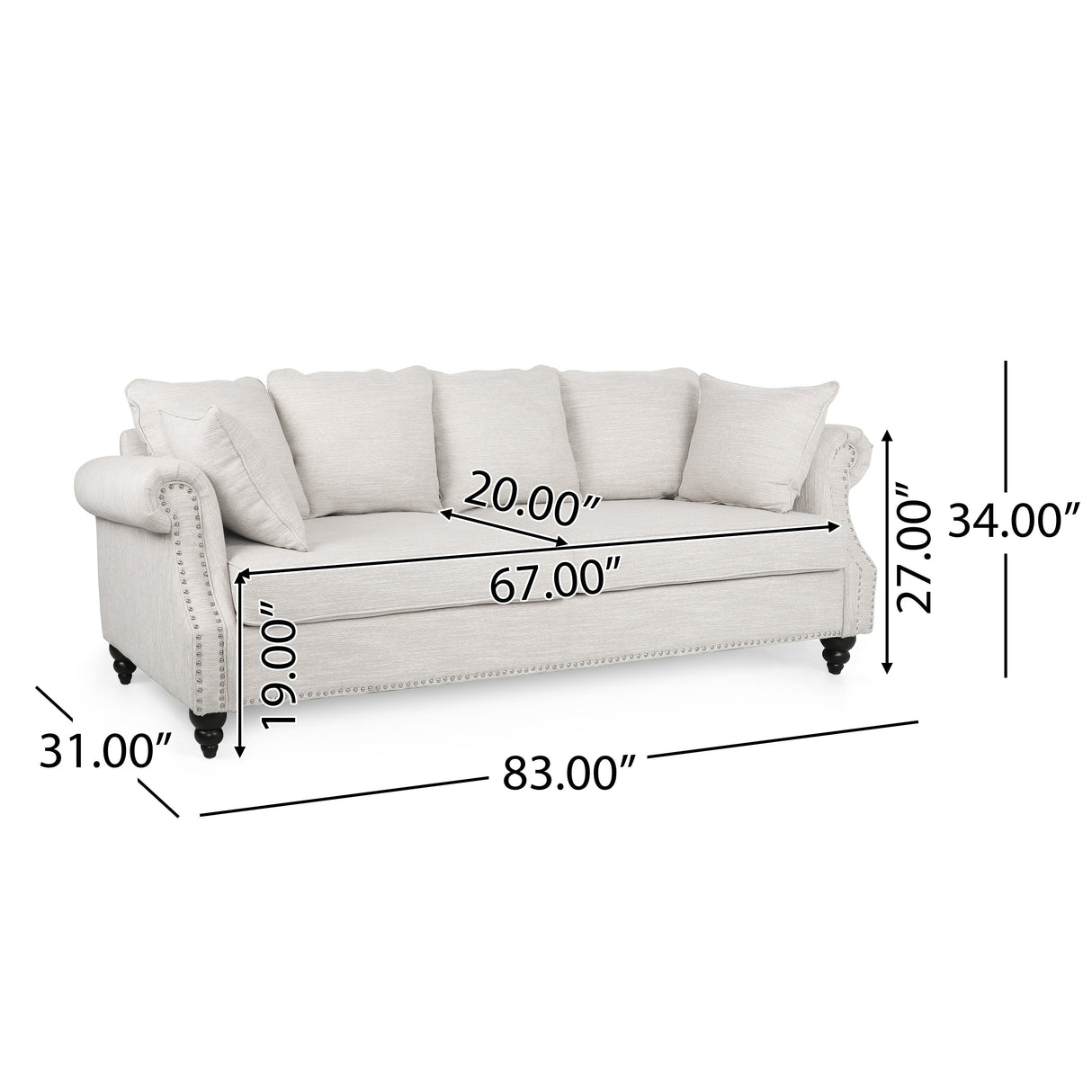 Manbow Fabric Pillowback 3 Seater Sofa with Nailhead Trim by Christopher Knight Home