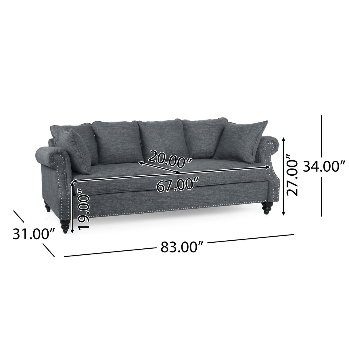 Manbow Fabric Pillowback 3 Seater Sofa with Nailhead Trim by Christopher Knight Home