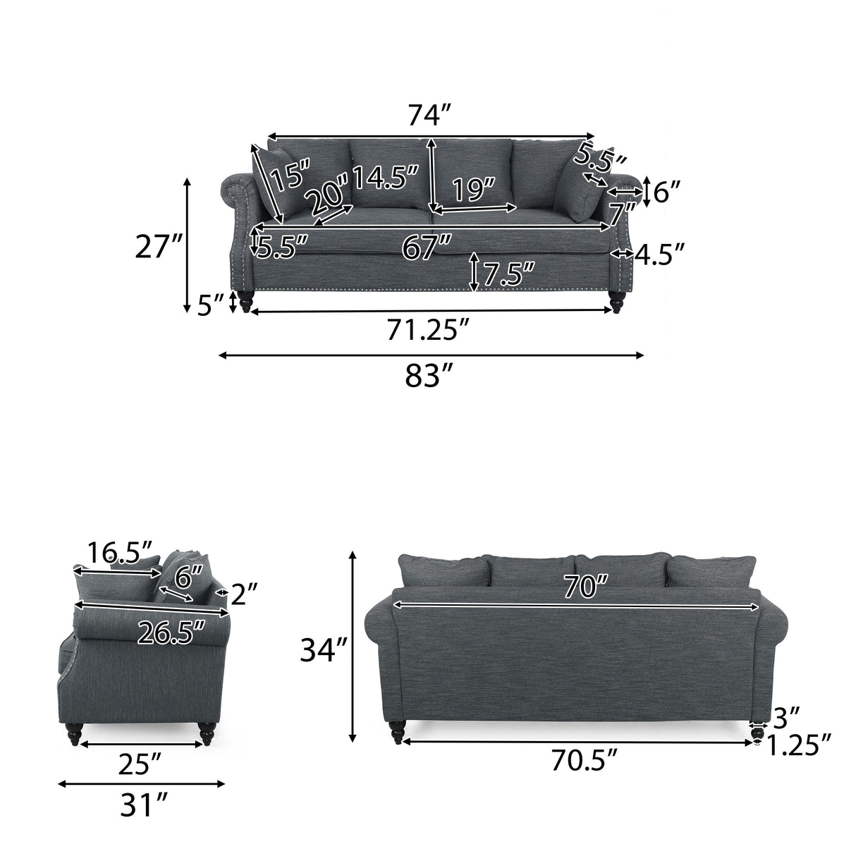 Manbow Fabric Pillowback 3 Seater Sofa with Nailhead Trim by Christopher Knight Home