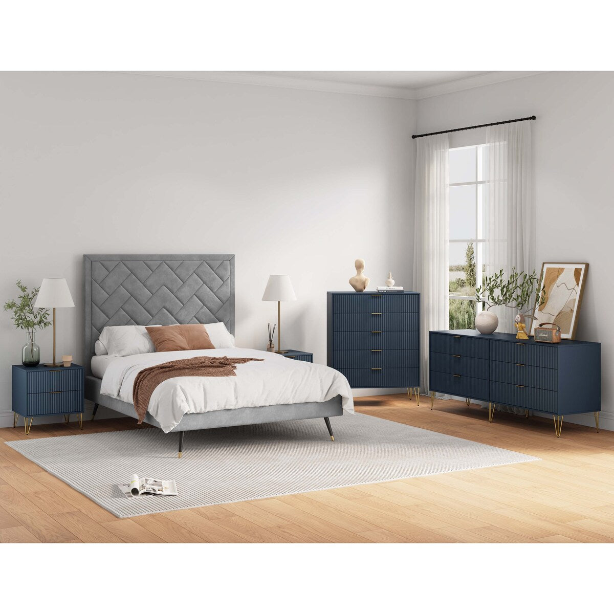 Manhattan Comfort3-Piece DUMBO Modern 5-Drawer Tall Dresser, DUMBO Modern 6-Drawer Double Low Dresser, and DUMBO Modern Nightstand 2.0 in Olive Green Manhattan Comfort3-Piece DUMBO Modern 5-Drawer Tall Dresser, DUMBO Modern 6-Drawer Double Low Dresser, and DUMBO Modern Nightstand 2.0 in Olive Green