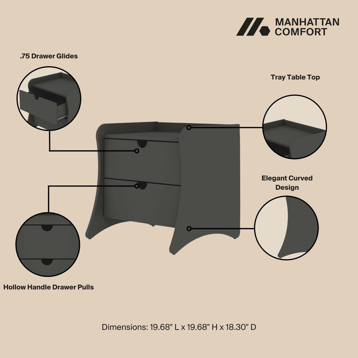 Manhattan Comfort Coney Mid-Century Modern 2-Drawer Nightstand