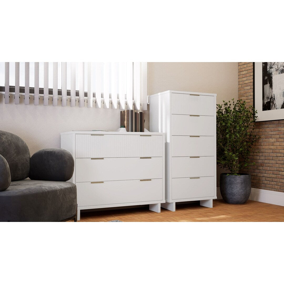 Manhattan Comfort2-Piece DUMBO Modern 5-Drawer Tall Dresser and DUMBO Modern Nightstand 2.0 in White Manhattan Comfort2-Piece DUMBO Modern 5-Drawer Tall Dresser and DUMBO Modern Nightstand 2.0 in White