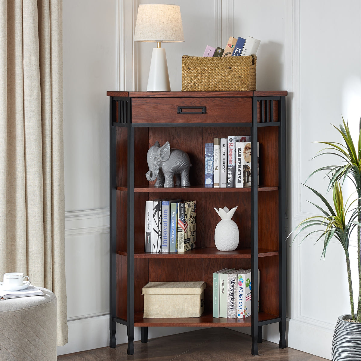 Leick Home Mantel Height 3-Shelf Corner Bookcase with Drawer Storage