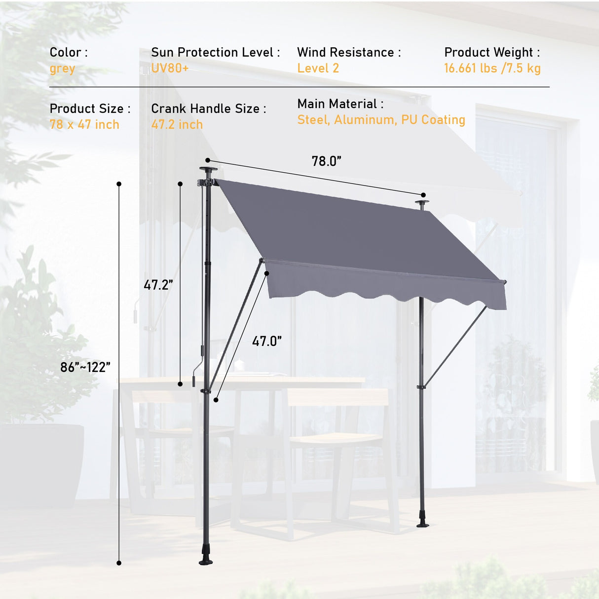 Manual Retractable Awning Non-Screw