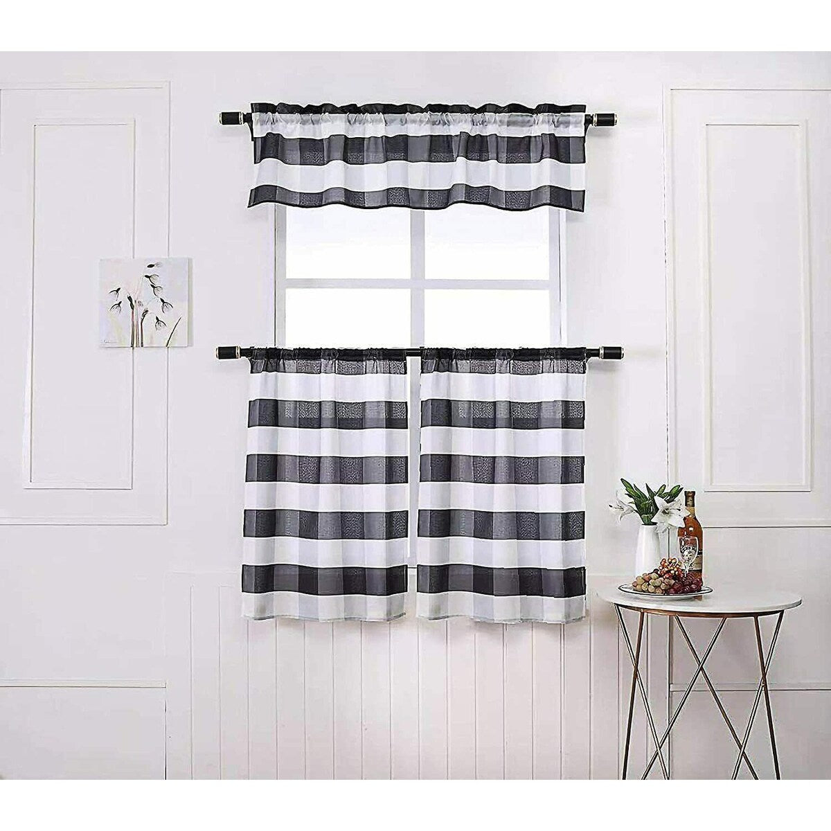 MarCielo 3 PCS Buffalo Check Plaid Window Kitchen Curtain With Tier