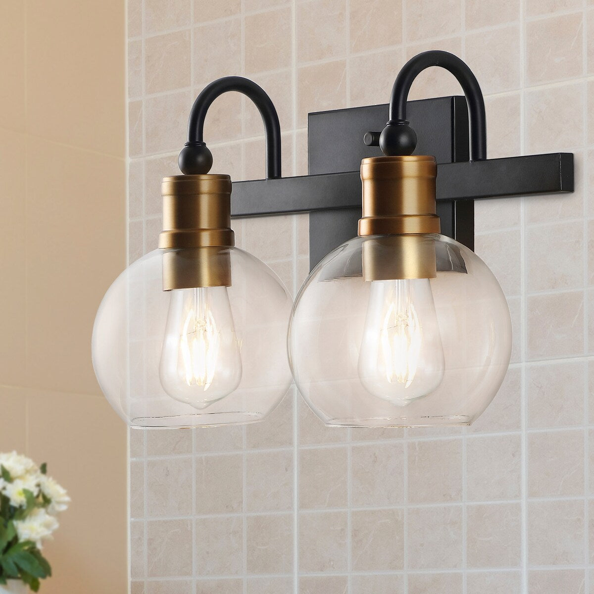 Marais Iron/Glass Rustic Vintage LED Vanity Light, Black/Brass Gold by JONATHAN Y