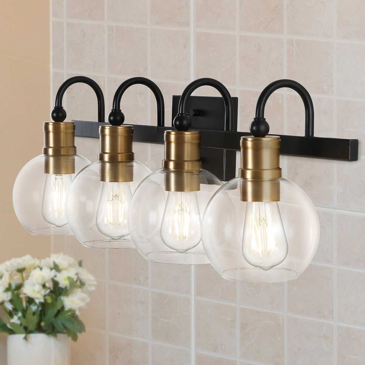 Marais Iron/Glass Rustic Vintage LED Vanity Light, Black/Brass Gold by JONATHAN Y