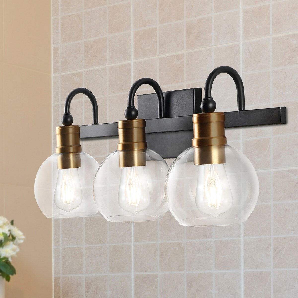 Marais Iron/Glass Rustic Vintage LED Vanity Light, Black/Brass Gold by JONATHAN Y