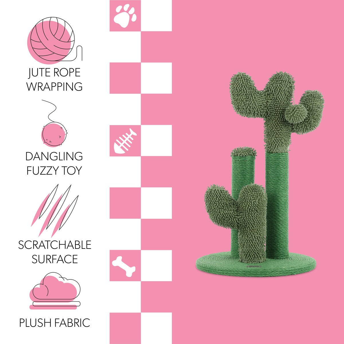 Marfa 21.5" Modern Jute Triple-Cactus Cat Scratching Post with Fuzzy Toy, Green
