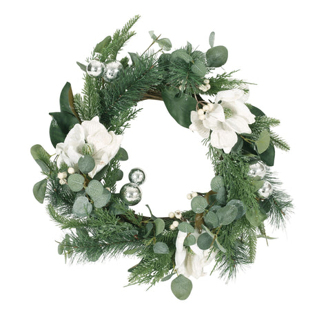 Mariette 21.75" Eucalyptus and Pine Artificial Wreath with Magnolias by Christopher Knight Home - Green + White