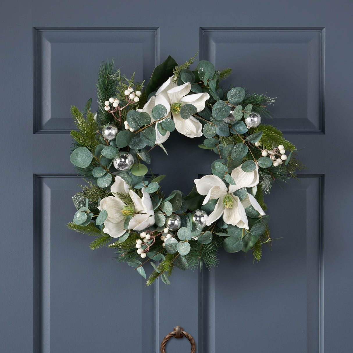 Mariette 21.75" Eucalyptus and Pine Artificial Wreath with Magnolias by Christopher Knight Home - Green + White