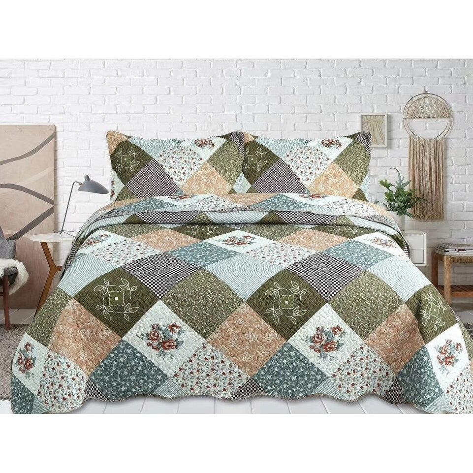 Marina Decoration Rich Printed Embossed Pinsonic Coverlet Bedspread Ultra Soft Summer Quilt Set, Modern Diagonal Floral Plaid