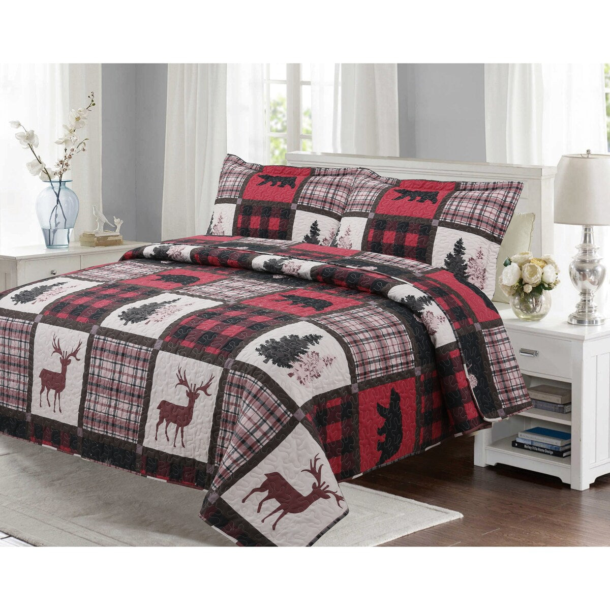 Marina Decoration Rich Printed Stitching Coverlet Bedspread Ultra Soft Summer Bedding Quilt Set, Cottage Bear Reindeer Plaid