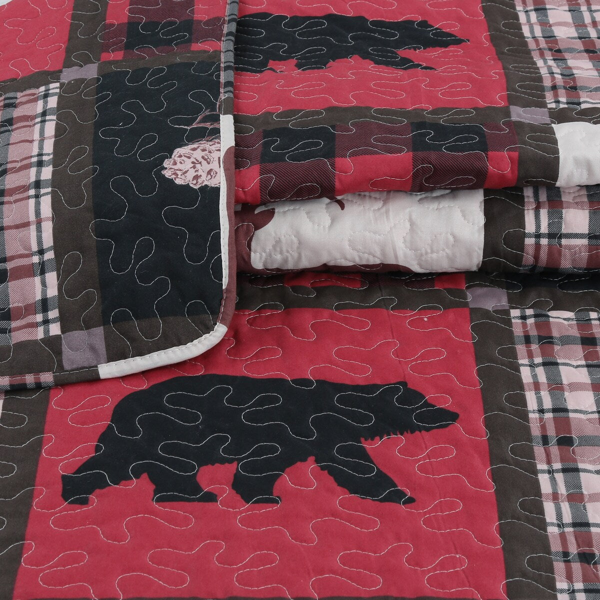 Marina Decoration Rich Printed Stitching Coverlet Bedspread Ultra Soft Summer Bedding Quilt Set, Cottage Bear Reindeer Plaid